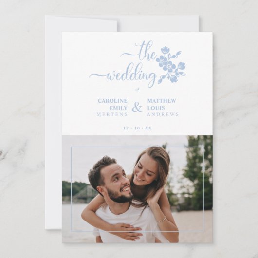 Blue Floral Garland Photo Card Couple Wedding Kaart (Voorkant)