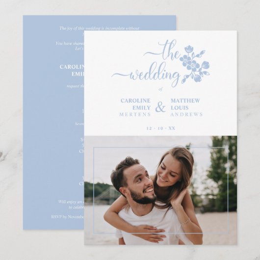 Blue Floral Garland Photo Card Couple Wedding Kaart (Voorkant / Achterkant)