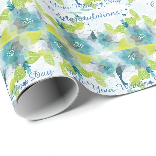 Blue Floral Gefeliciteerd Weddag Gift Wrap Cadeaupapier (Rol Hoek)