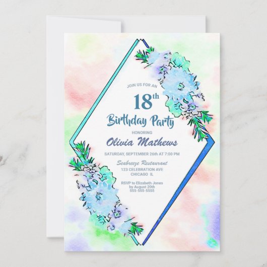 Blue Floral Geometric 18th Birthday Party Kaart (Voorkant)