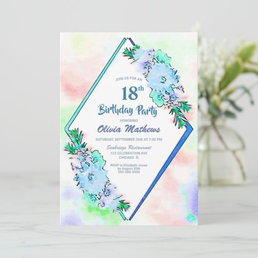 Blue Floral Geometric 18th Birthday Party Kaart (Staand voorkant)