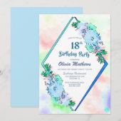 Blue Floral Geometric 18th Birthday Party Kaart (Voorkant / Achterkant)