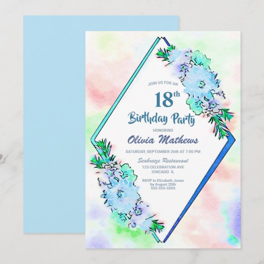 Blue Floral Geometric 18th Birthday Party Kaart (Voorkant / Achterkant)