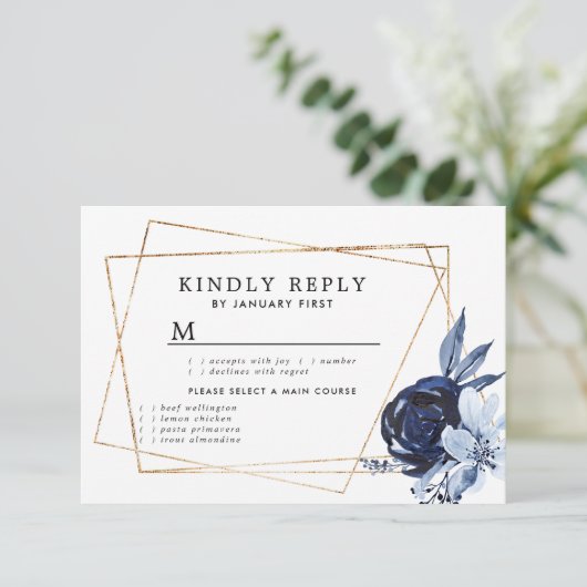 Blue Floral Geometric Response Card RSVP Kaartje (Staand voorkant)
