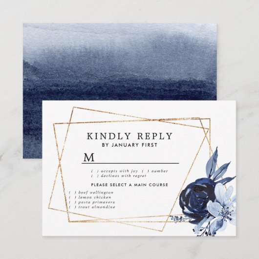 Blue Floral Geometric Response Card RSVP Kaartje (Voorkant / Achterkant)