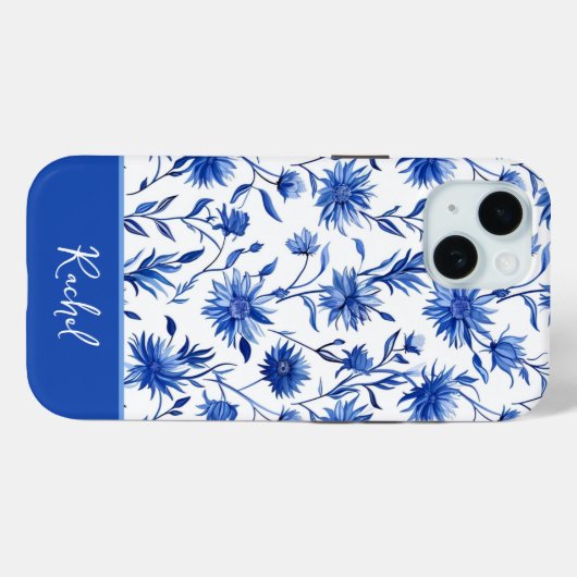 Blue Floral gepersonaliseerde iPhone case (Achterkant (horizontaal))