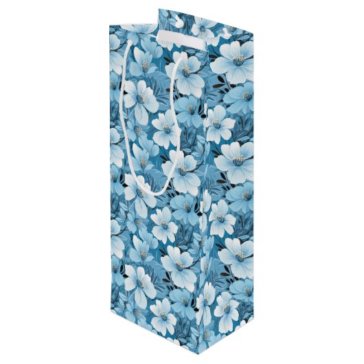 Blue Floral Gift Bag Wijn Cadeautas (Achterkant Gekanteld)