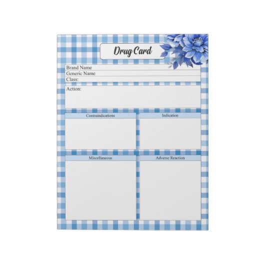 Blue Floral Gingham _Kaart Notitieblok (Linkerzijde)