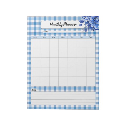 Blue Floral Gingham _ Maandelijkse Planner Notitieblok (Linkerzijde)