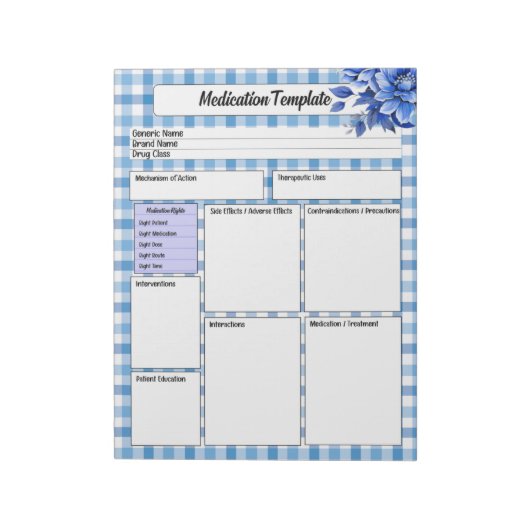 Blue Floral Gingham _ Medicatie Sjabloon Notitieblok (Linkerzijde)