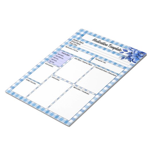 Blue Floral Gingham _ Medicatie Sjabloon Notitieblok (Schuin)