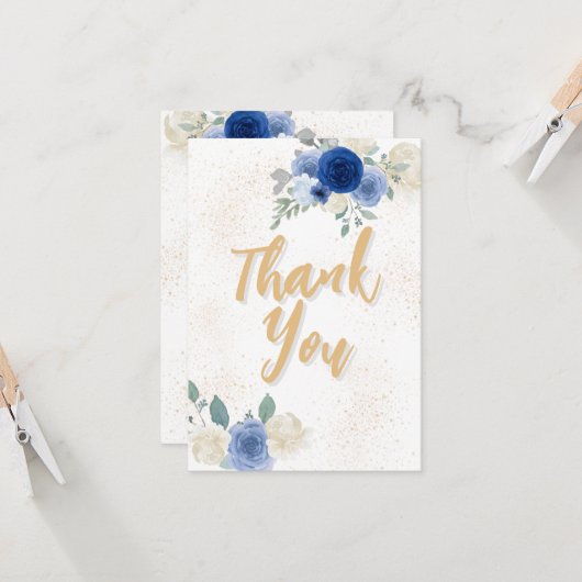 Blue Floral & Gold Baby shower Dank u kaart (Voorkant / Achterkant in situ)