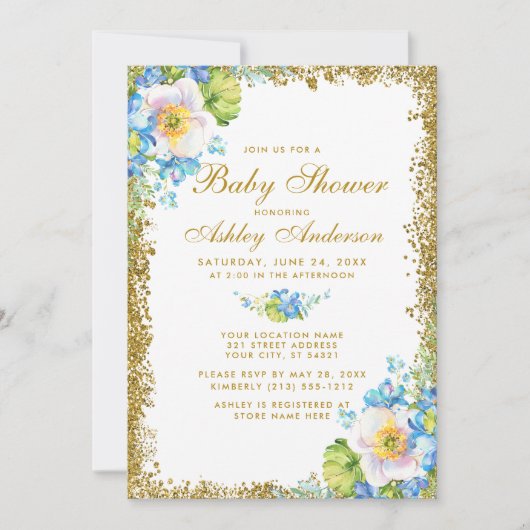 Blue Floral Gold Baby shower Glitter Invitation Kaart (Voorkant)