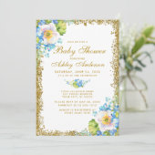 Blue Floral Gold Baby shower Glitter Invitation Kaart (Staand voorkant)