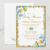 Blue Floral Gold Baby shower Glitter Invitation Kaart (Voorkant / Achterkant)