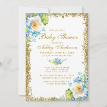 Blue Floral Gold Baby shower Glitter Invitation