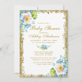 Blue Floral Gold Baby shower Glitter Invitation Kaart