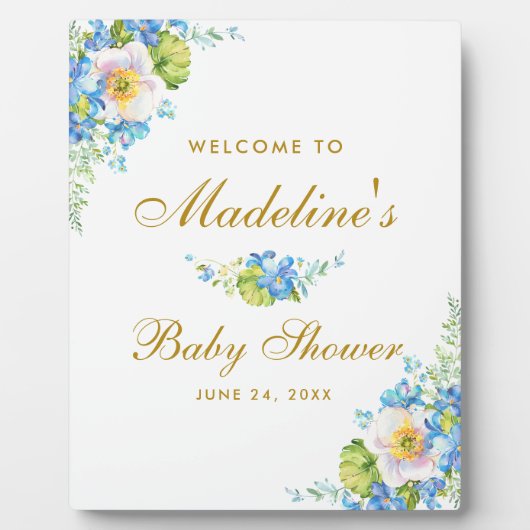 Blue Floral Gold Baby shower Welkom Fotoplaat (Voorkant)