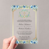 Blue Floral Gold Catholic Cross Wedding Acryl Uitnodigingen (Insitu (Draagbaar))