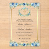 Blue Floral Gold Catholic Cross Wedding Acryl Uitnodigingen (Voorkant)