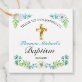 Blue Floral Gold Cross Baby Baptisme Bedankjes Labels (Voorkant)