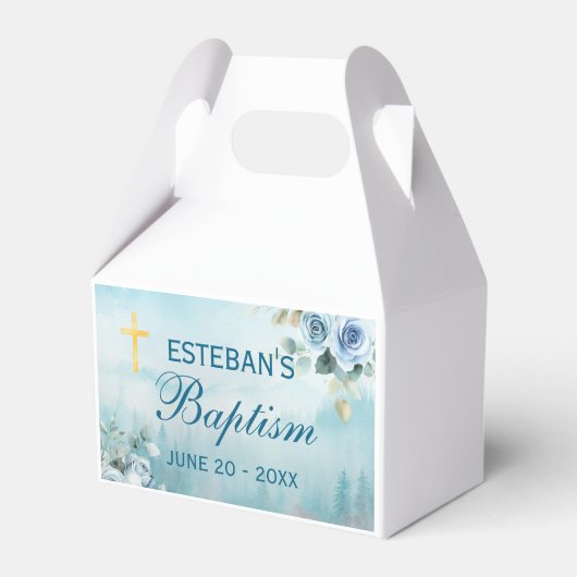 Blue Floral Gold Cross Christening Box Bedankdoosjes (Voorkant Zijde)