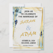 Blue Floral Gold Elegant Wedding Invitation Set Kaart (Voorkant)