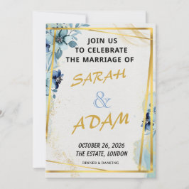 Blue Floral Gold Elegant Wedding Invitation Set Kaart