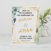 Blue Floral Gold Elegant Wedding Invitation Set Kaart (Staand voorkant)