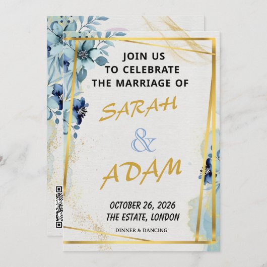 Blue Floral Gold Elegant Wedding Invitation Set Kaart (Voorkant / Achterkant)