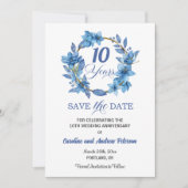 Blue Floral Gold Frame 10th Wedding Anniversary Save The Date (Voorkant)