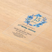  Blue Floral Gold Frame 15th Wedding Anniversary  Acryl Uitnodigingen (Laagn)