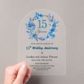 Blue Floral Gold Frame 15th Wedding Anniversary  Acryl Uitnodigingen (Insitu (Draagbaar))