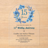  Blue Floral Gold Frame 15th Wedding Anniversary  Acryl Uitnodigingen (Voorkant)