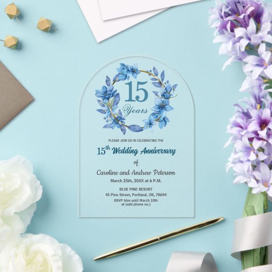  Blue Floral Gold Frame 15th Wedding Anniversary  Acryl Uitnodigingen (Insitu (Huwelijk))
