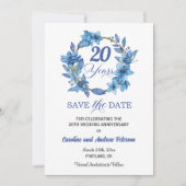 Blue Floral Gold Frame 20th Wedding Anniversary Save The Date (Voorkant)