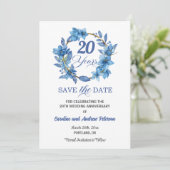 Blue Floral Gold Frame 20th Wedding Anniversary Save The Date (Staand voorkant)