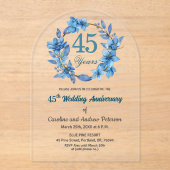  Blue Floral Gold Frame 45th Wedding Anniversary  Acryl Uitnodigingen (Voorkant)