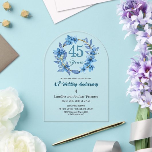  Blue Floral Gold Frame 45th Wedding Anniversary  Acryl Uitnodigingen (Insitu (Huwelijk))
