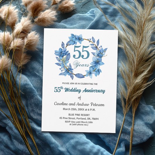  Blue Floral Gold Frame 55th Wedding Anniversary  Kaart