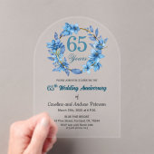  Blue Floral Gold Frame 65th Wedding Anniversary  Acryl Uitnodigingen (Insitu (Draagbaar))