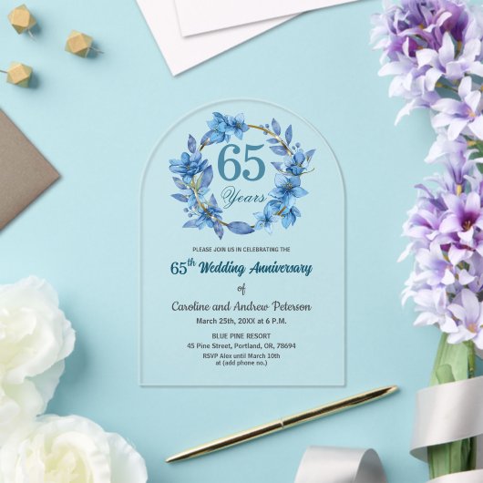  Blue Floral Gold Frame 65th Wedding Anniversary  Acryl Uitnodigingen (Insitu (Huwelijk))