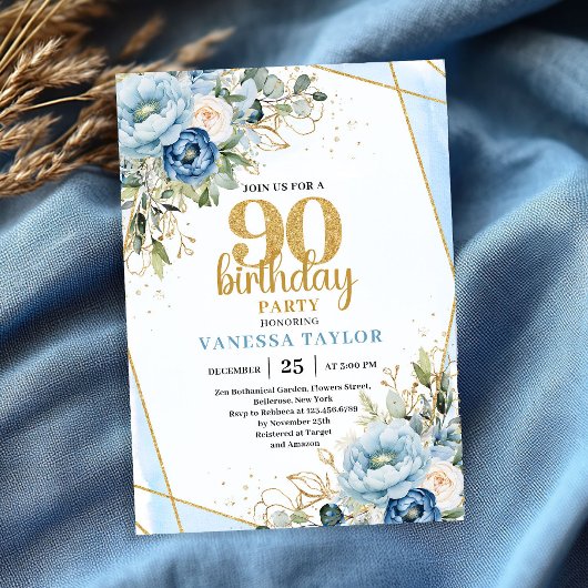 Blue Floral Gold Frame Elegant 90th Birthday  Kaart