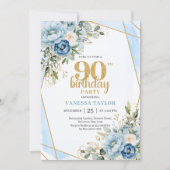 Blue Floral Gold Frame Elegant 90th Birthday  Kaart (Voorkant)