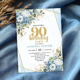 Blue Floral Gold Glitter 90th Birthday Celebration Kaart