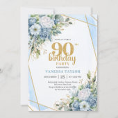 Blue Floral Gold Glitter 90th Birthday Celebration Kaart (Voorkant)