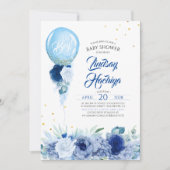 Blue Floral Gold Glitter Balloon Baby shower Kaart (Voorkant)