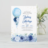 Blue Floral Gold Glitter Balloon Baby shower Kaart (Staand voorkant)