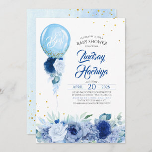Blue Floral Gold Glitter Balloon Baby shower Kaart