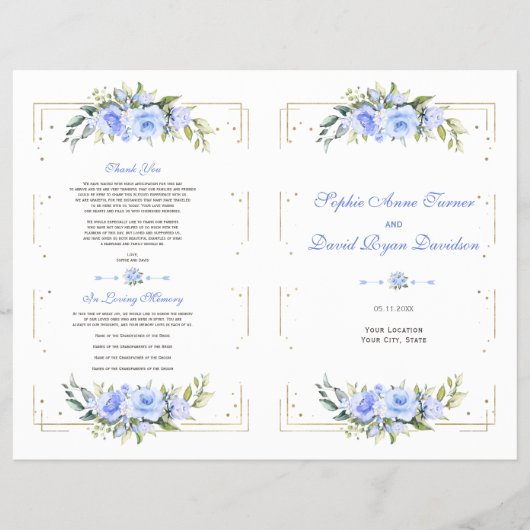 Blue Floral Gold Glitter Lijst huwelijksprogramma (Voorkant)